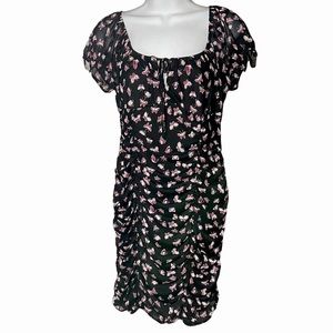 Black and pink butterfly design bodycon ruffle dress with puffy sleeves